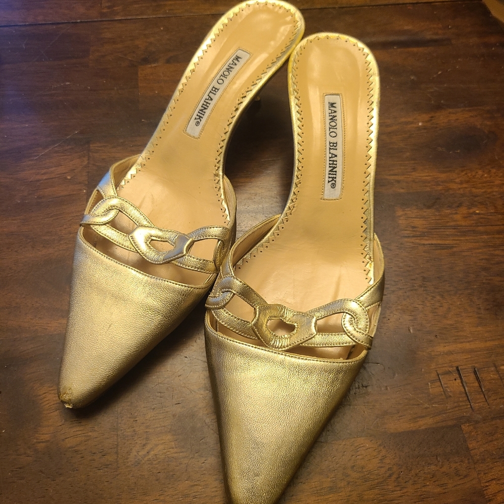 Manolo Blahnik gold mules